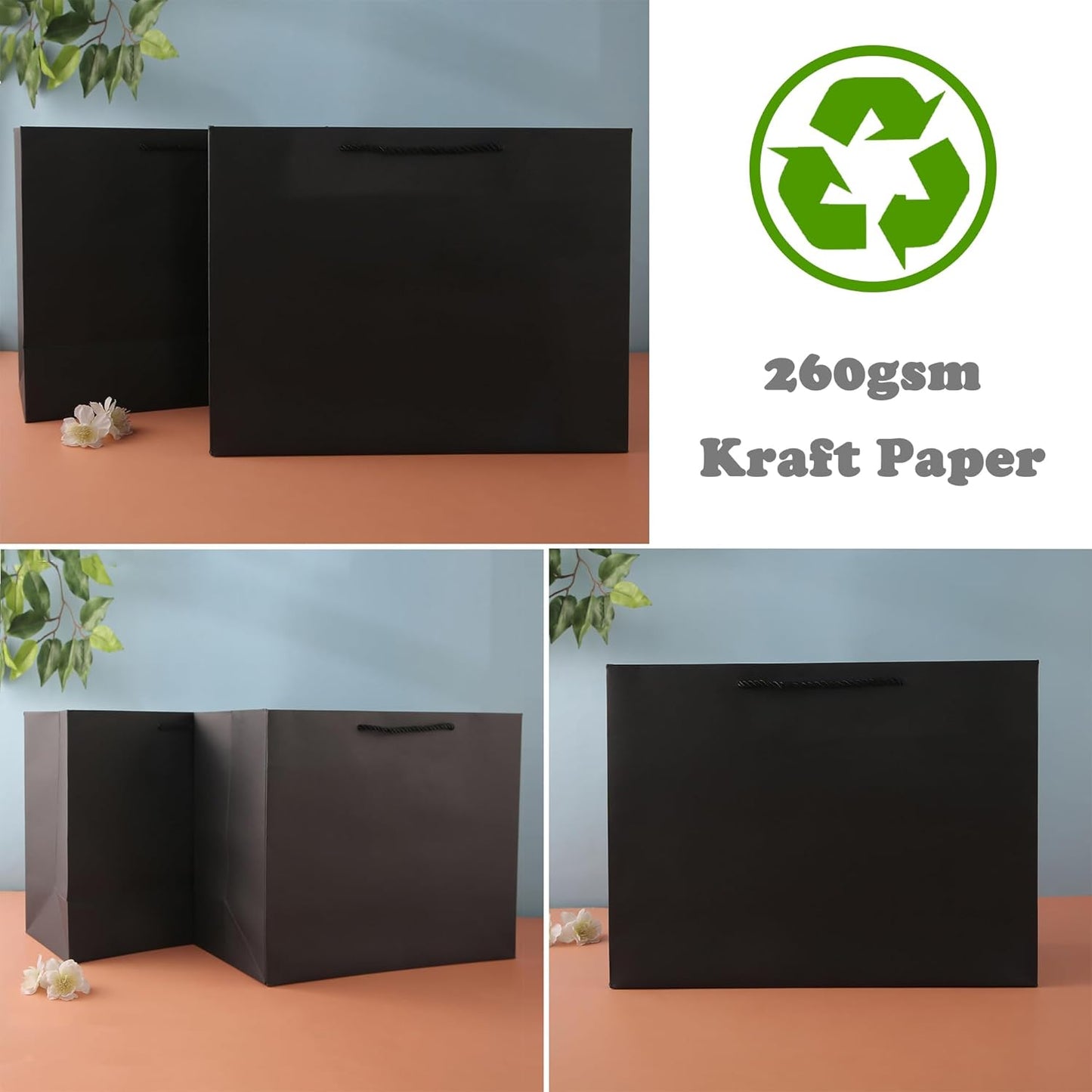 OfficeCastle 4er-Pack große schwarze Geschenktüten, große Geschenktüten mit silbernem Seidenpapier, Geschenktüten für kleine Unternehmen, 14x5x10in/35x13x26 cm, schwarze Papiertüten mit Griffen 