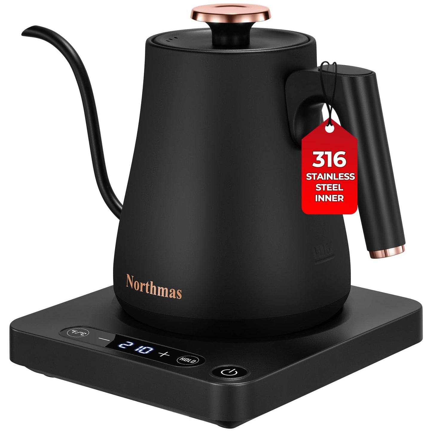 Gooseneck Electric Kettle, Electric Tea Kettle with ±1℉ Temperature Control, 1L/1200W Fast Boiling Water Kettle for Pour Over Coffee & Tea, 316 Stainless Steel Inner, Auto Shut-Off, Black