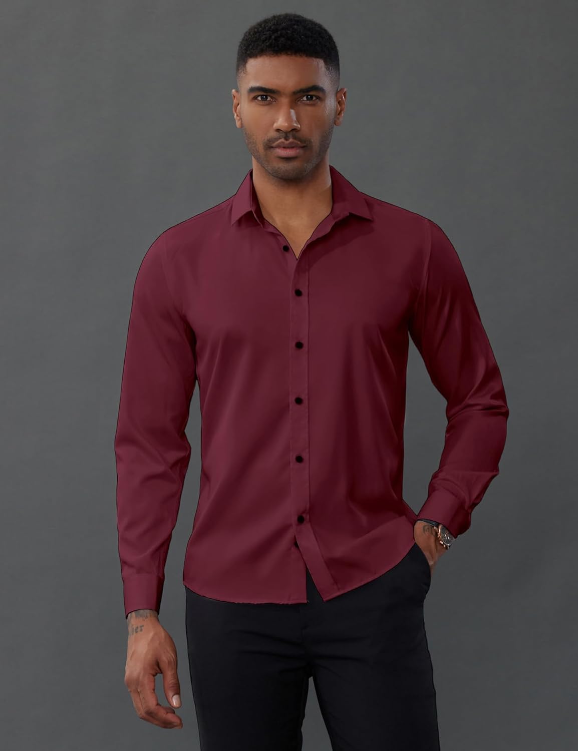 PJ PAUL JONES Mens Dress Shirts Long Sleeve,Mens Casual Button Down Shirts Long Sleeve,Long Sleeve Dress Shirts for Men Wrinkle Free Wine Red