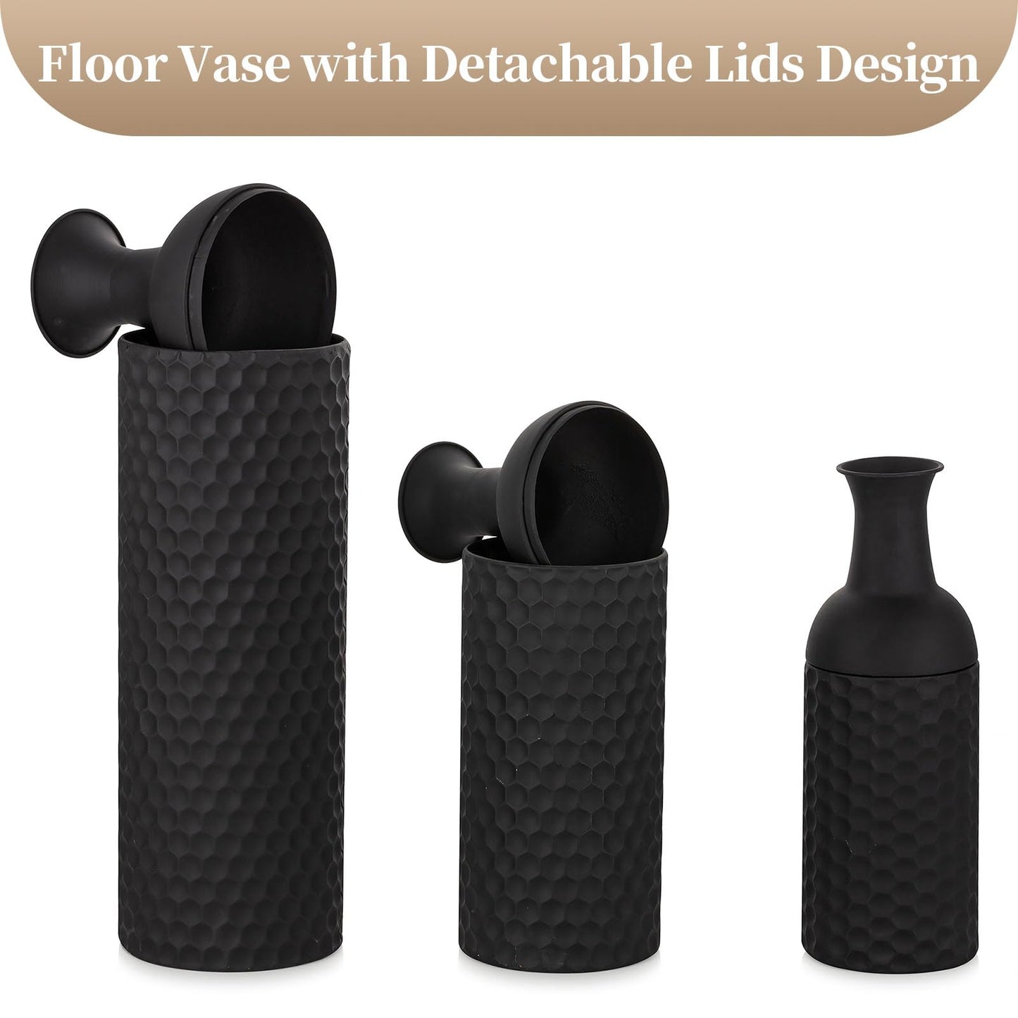 Sziqiqi Grands vases noirs de 27 pouces - Lot de 3 vases sur pied en métal à texture nid d'abeille moderne pour salon, salle à manger, chambre à coucher, maison, coin, couloir, bureau intérieur 