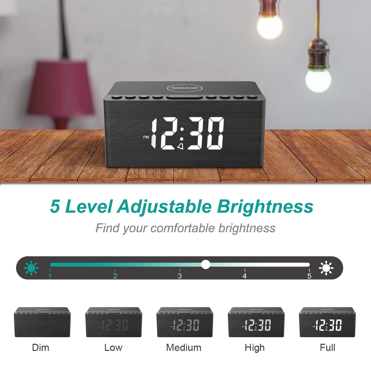 Digital Alarm Clock with FM Radio & Wireless Charging – Qi-Certified, LED Display, USB Port, Sleep Timer