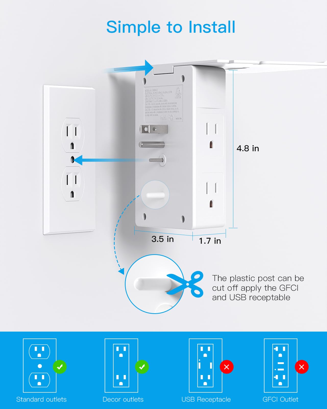 Mehrfachsteckdosen, Wandsteckdosenverlängerung mit Nachtlicht und Steckdosenablage, Überspannungsschutz 4 USB-Anschlüsse (2 USB C), USB-Wandladegerät, Steckdosenleiste, Steckdosenverteiler für das Homeoffice 