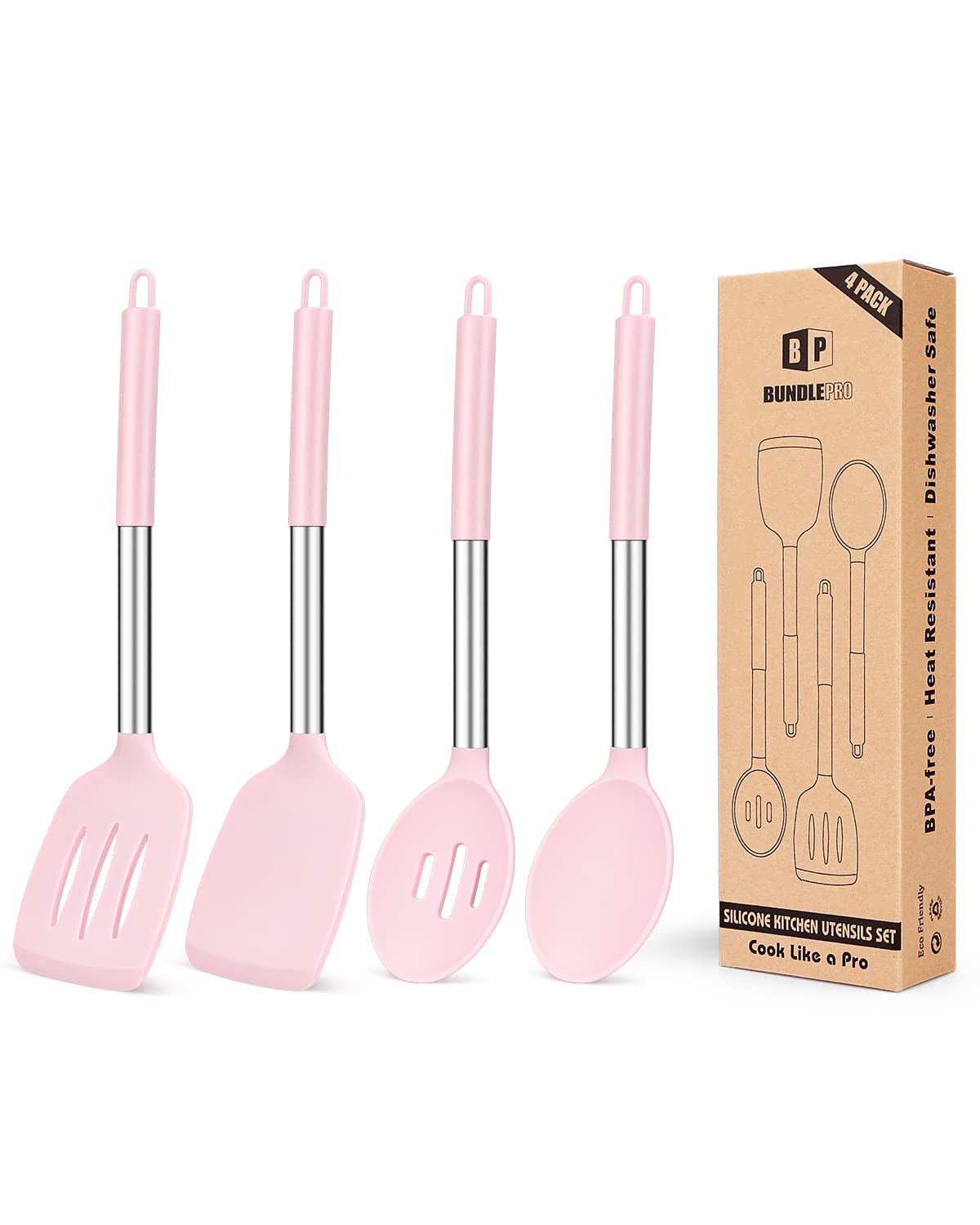 Pack of 4 Silicone Cooking Utensils Set, Non Stick Large Solid Spatulas, Heat Resistant Rose Gold Khaki Slotted Spoons, Ideal BPA Free Kitchen Turners for Frying, Mixing,Serving,Draining,Turning