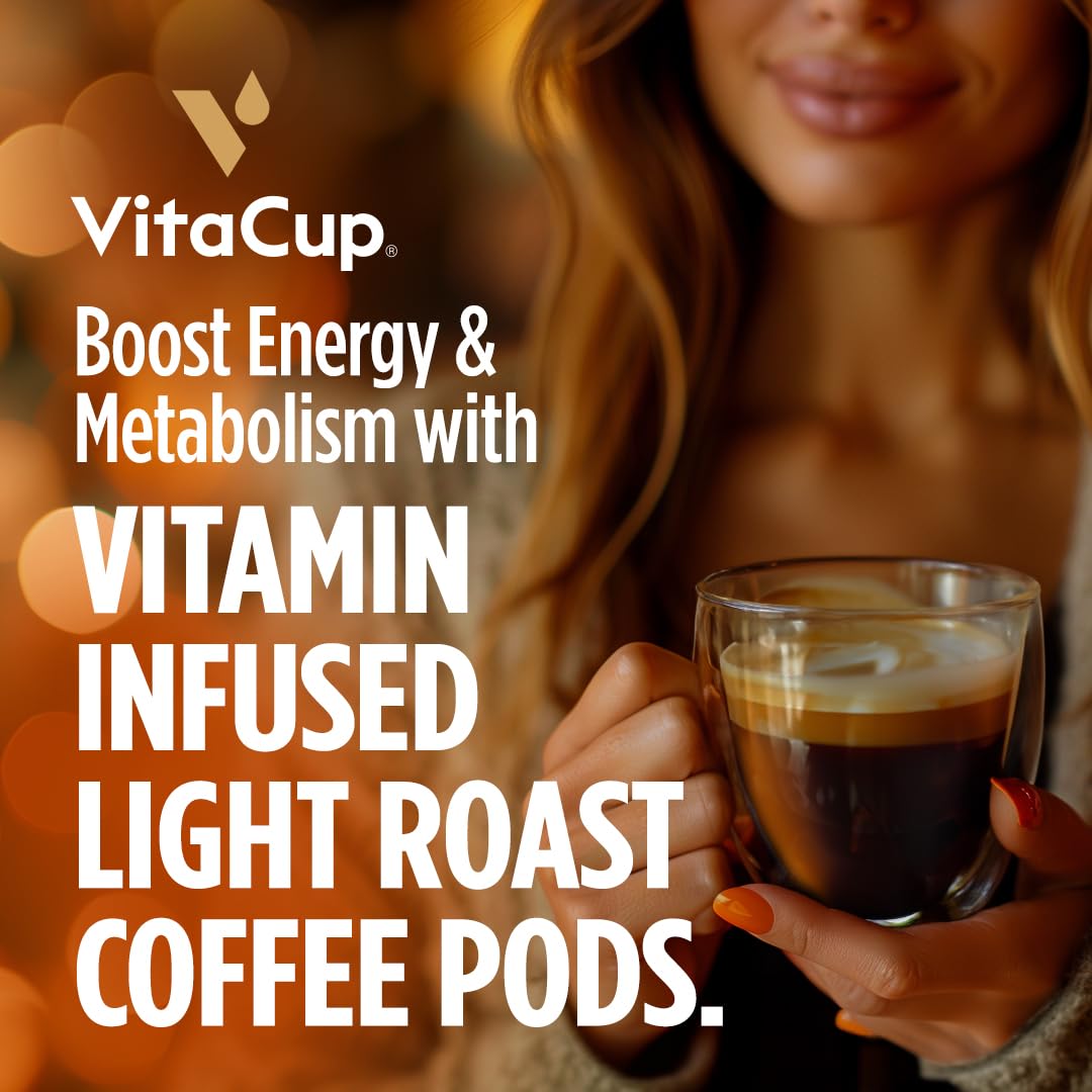 VitaCup Lightning Kaffeepads, für Gedächtnis und Konzentration mit 2x Koffein, grüne Kaffeebohnen, B-Vitamine, D3, starker dunkel gerösteter Kaffee, recycelbare Einzelportionspads, kompatibel mit Keurig K-Cup Kaffeemaschinen, 16 Stück 