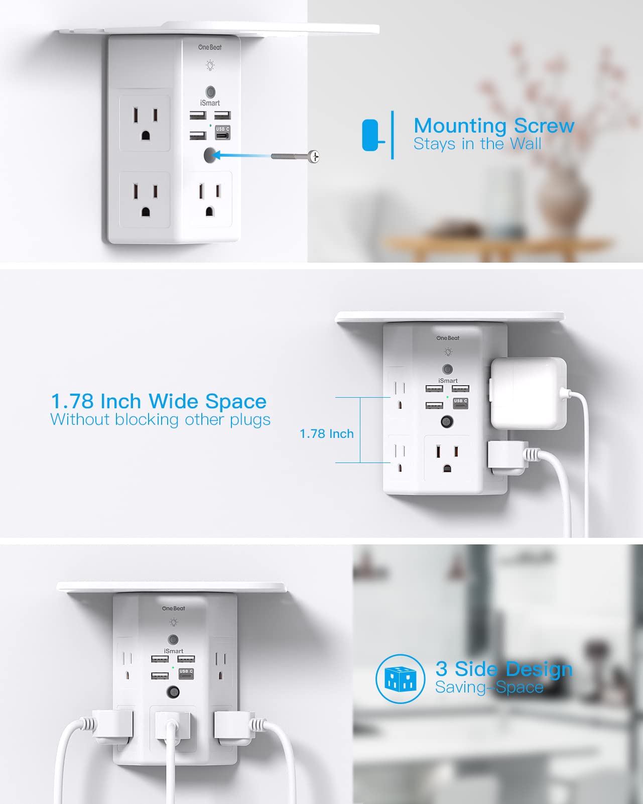 Mehrfachsteckdosen, Wandsteckdosenverlängerung mit Nachtlicht und Steckdosenablage, Überspannungsschutz 4 USB-Anschlüsse (2 USB C), USB-Wandladegerät, Steckdosenleiste, Steckdosenverteiler für das Homeoffice 