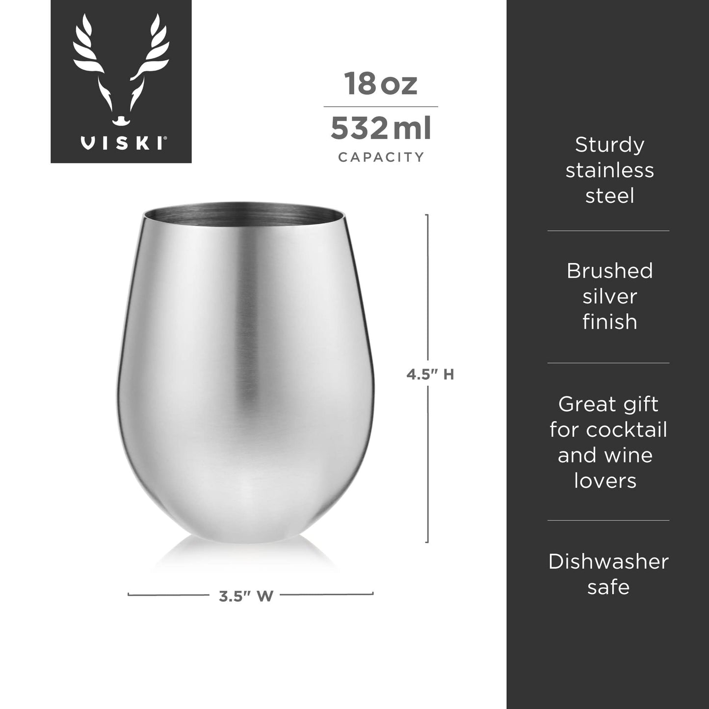 Viski Gold Wine Glasses, Stemless Wine Glass Set, Stainless Steel with Gold Finish, 18 Ounces, Set of 2, Gold