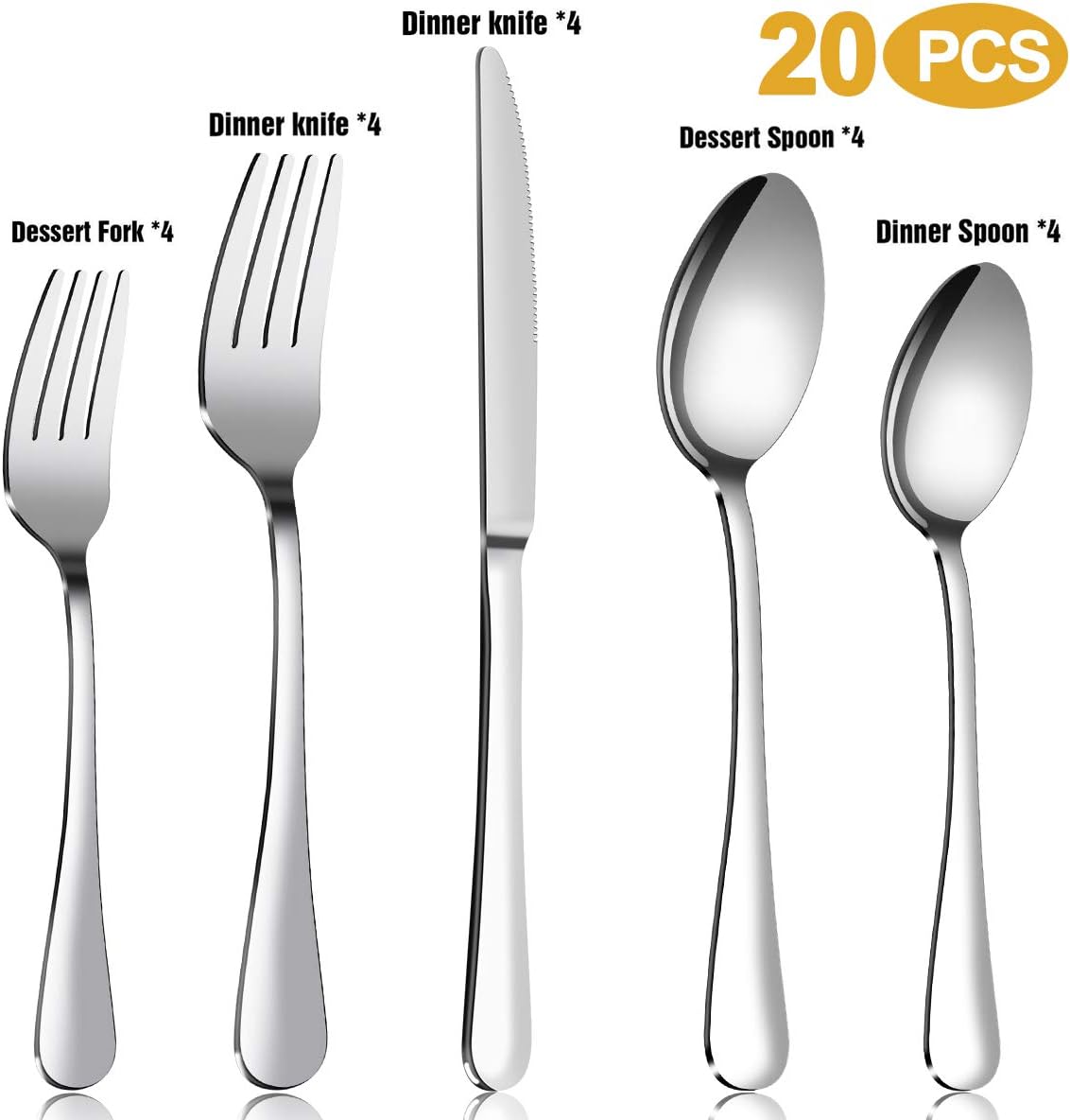 Silverware Set，MASSUGAR 20-Piece Silverware Flatware Cutlery Set, Stainless Steel Utensils Service for 4, Include Knife/Fork/Spoon, Mirror Polished (Silver)