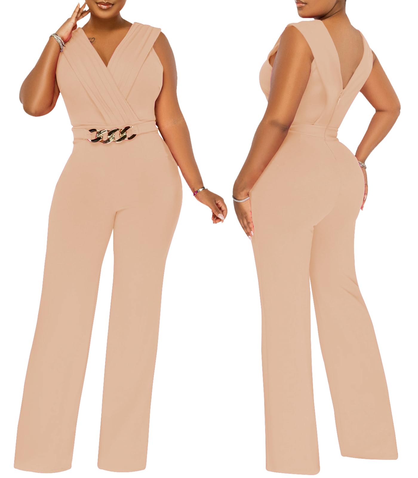 Women's Summer Formal Dressy Jumpsuits Elegant V Neck Sleeveless Party Rompers Stretchy Wrap Wide Leg Long Pants Clubwear