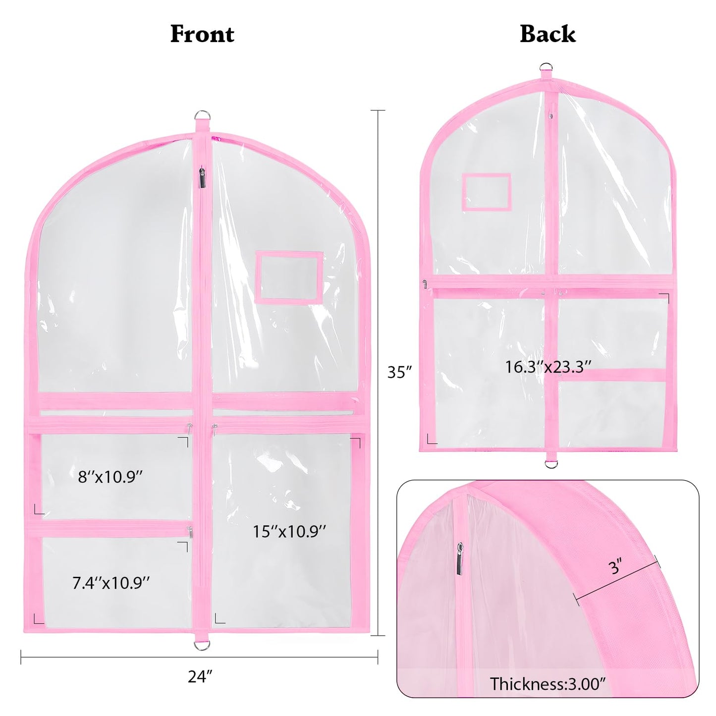 Univivi Clear PVC Dance Costume Bags (3 Pack) Garment Bag 40 Inch for Dance Competitions, with 4 Medium Clear Zipper Pockets and 1 Large Back Zippered Pocket [Upgraded Version]