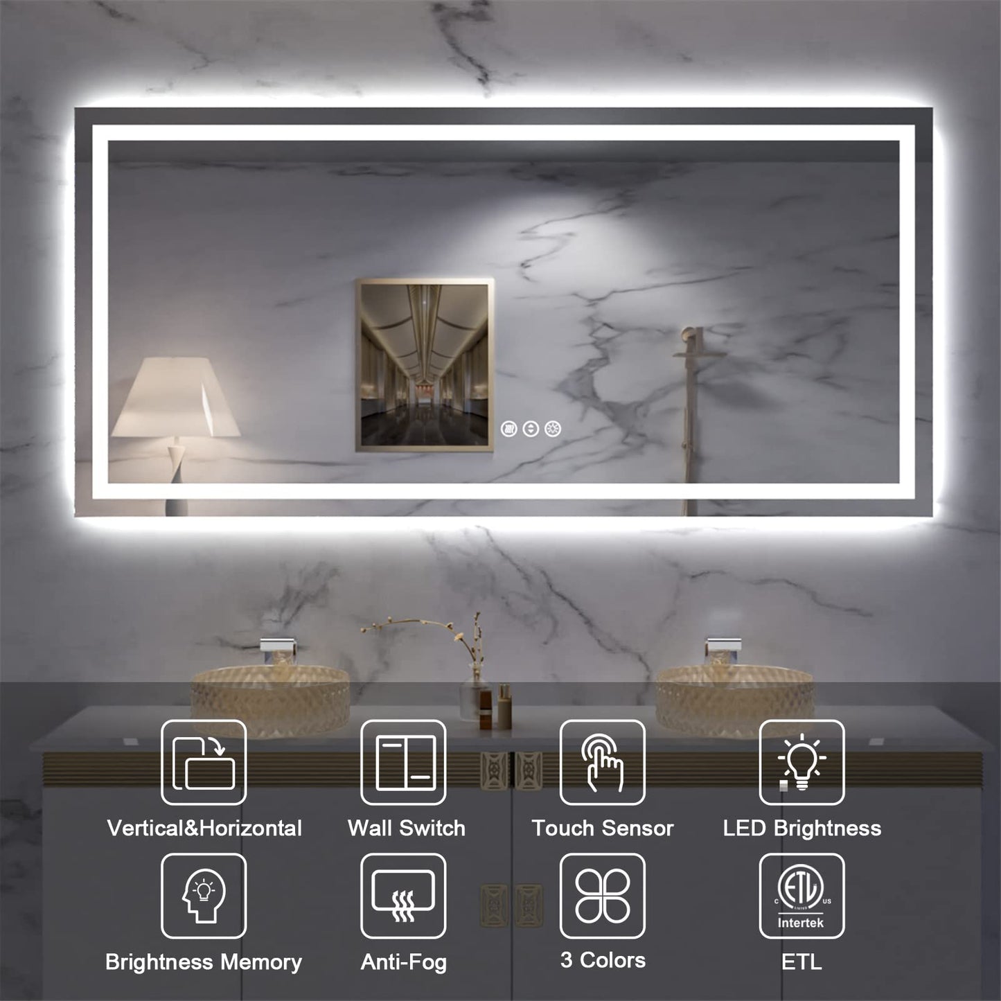 Amorho 20"x 28" LED Bathroom Mirror with Black Frame, Front Light and Backlit(Controlled Separately), Stepless Dimmable, Anti-Fog, Shatter-Proof, 3 Colors, Memory