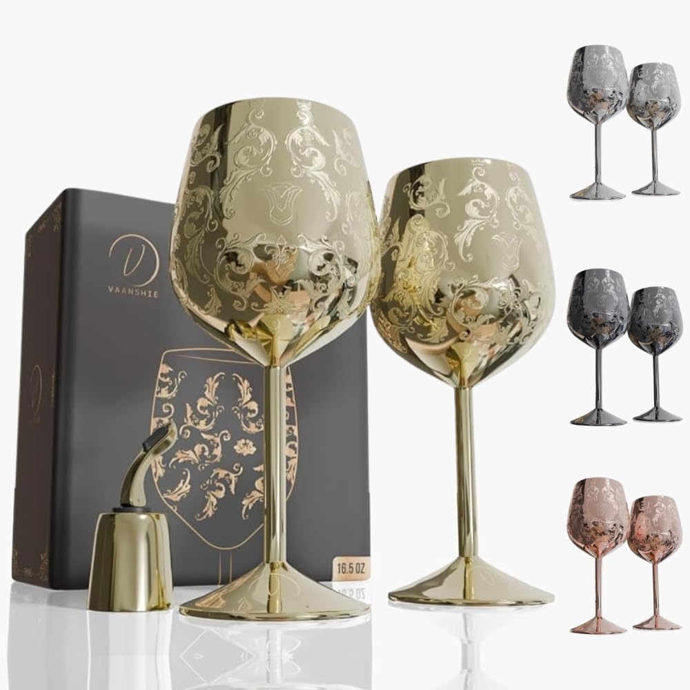 17oz Stainless Steel Wine Glasses [Set of 2]–Rose Gold Royal Goblets with Intricate Baroque Engravings, Unbreakable and Shatterproof Wine Cups with Bottle Stopper for Travel