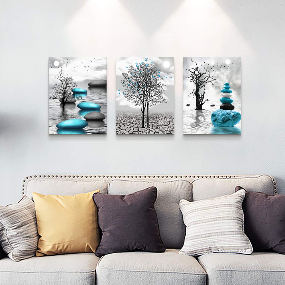 Canvas Wall Art for Living Room Wall Decor for Bedroom Bathroom Black and White Paintings Modern 3 Piece Framed Canvas Art Prints Ready to Hang Inspirational Abstract Blue Pictures Home Decorations