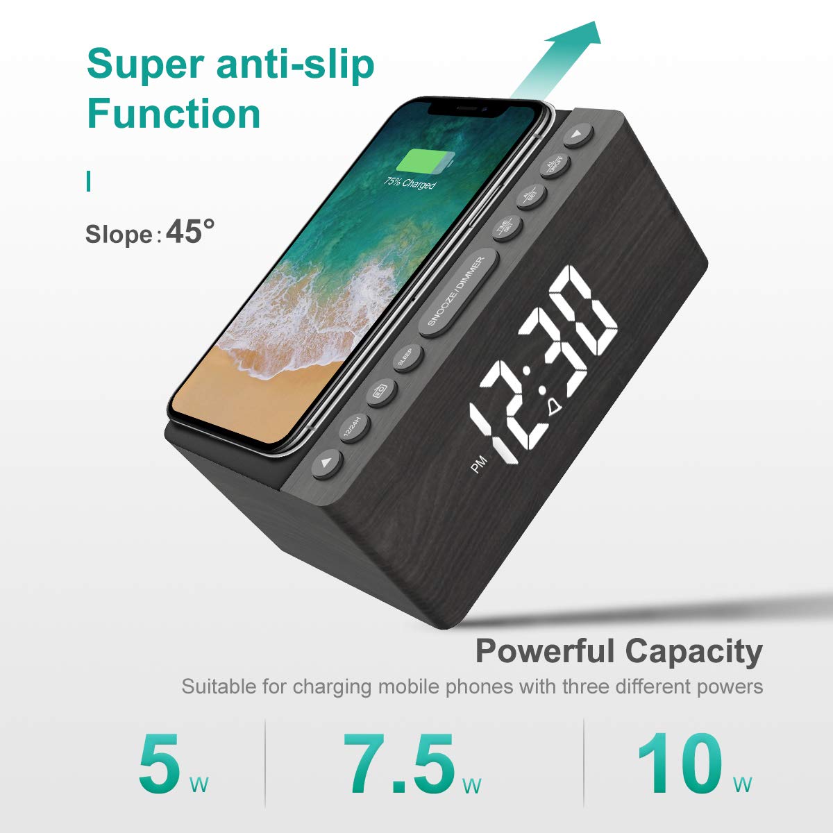 Digital Alarm Clock with FM Radio & Wireless Charging – Qi-Certified, LED Display, USB Port, Sleep Timer