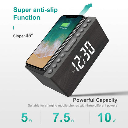 Digital Alarm Clock with FM Radio & Wireless Charging – Qi-Certified, LED Display, USB Port, Sleep Timer
