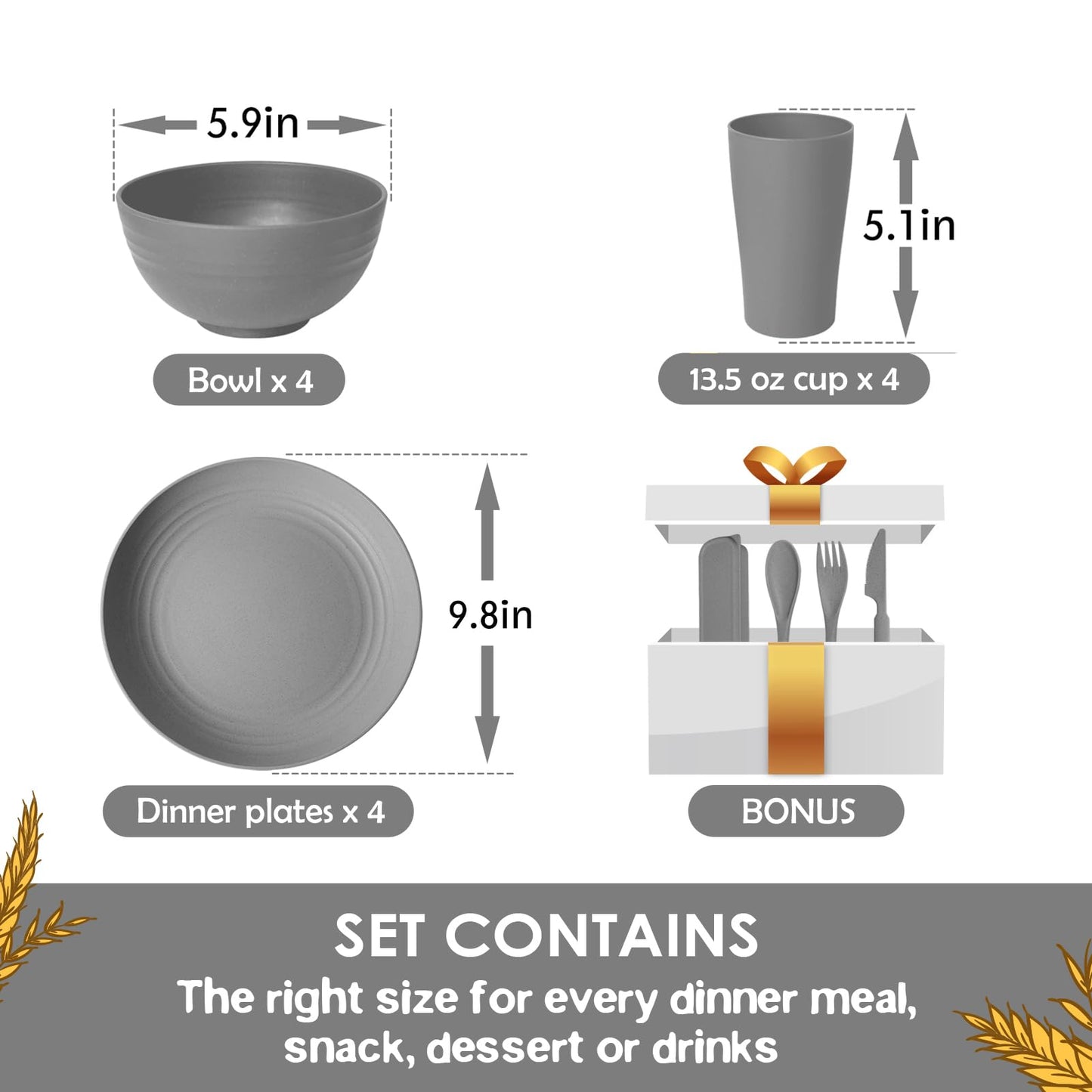 Teivio 12-Piece with flatware Kitchen Wheat Straw Dinnerware Set, Service for 4, Dinner Plates, Cereal Bowls, Cups, Unbreakable Plastic Outdoor Camping Dishes, Grey