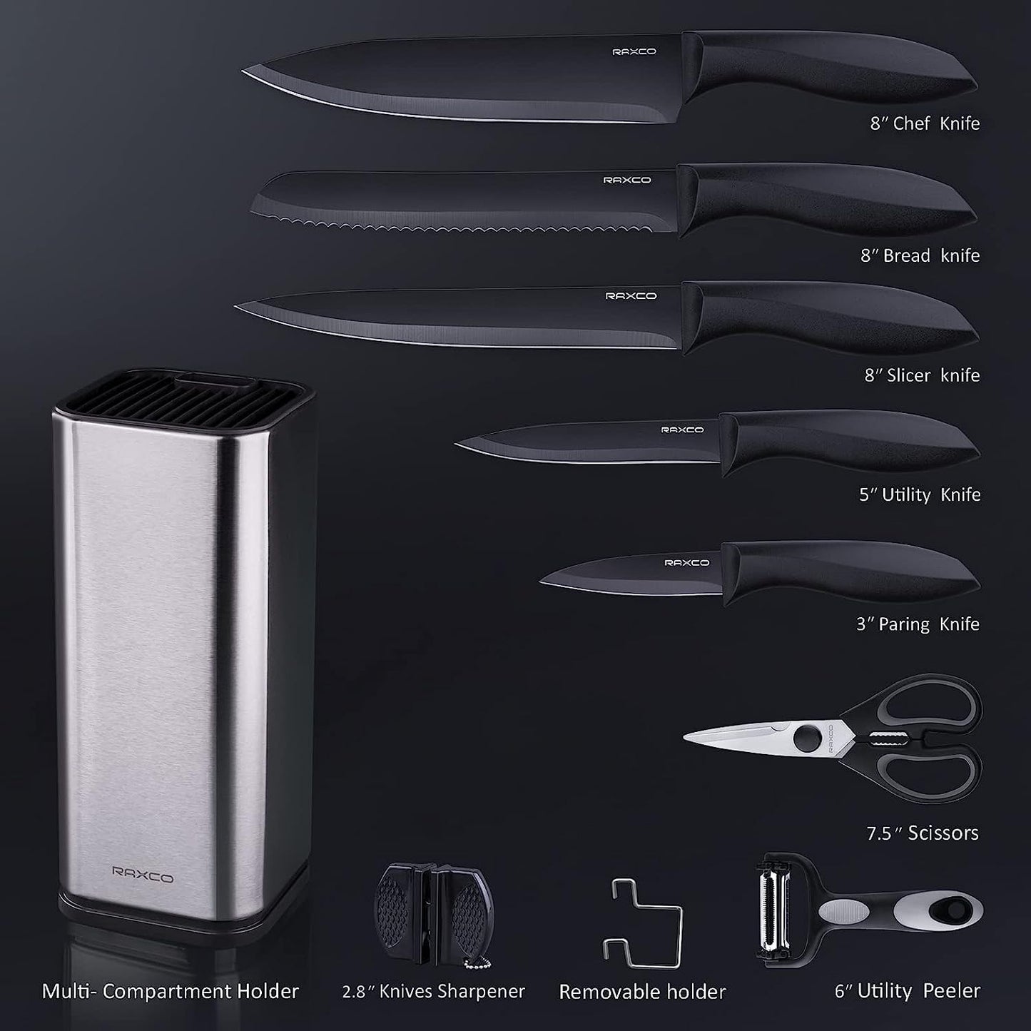 RAXCO Knife Set with Block,10-Piece Kitchen Knives Stainless Steel,Pro-Sharpened for Cooking,Slicing,Mincing,Dicing,Black
