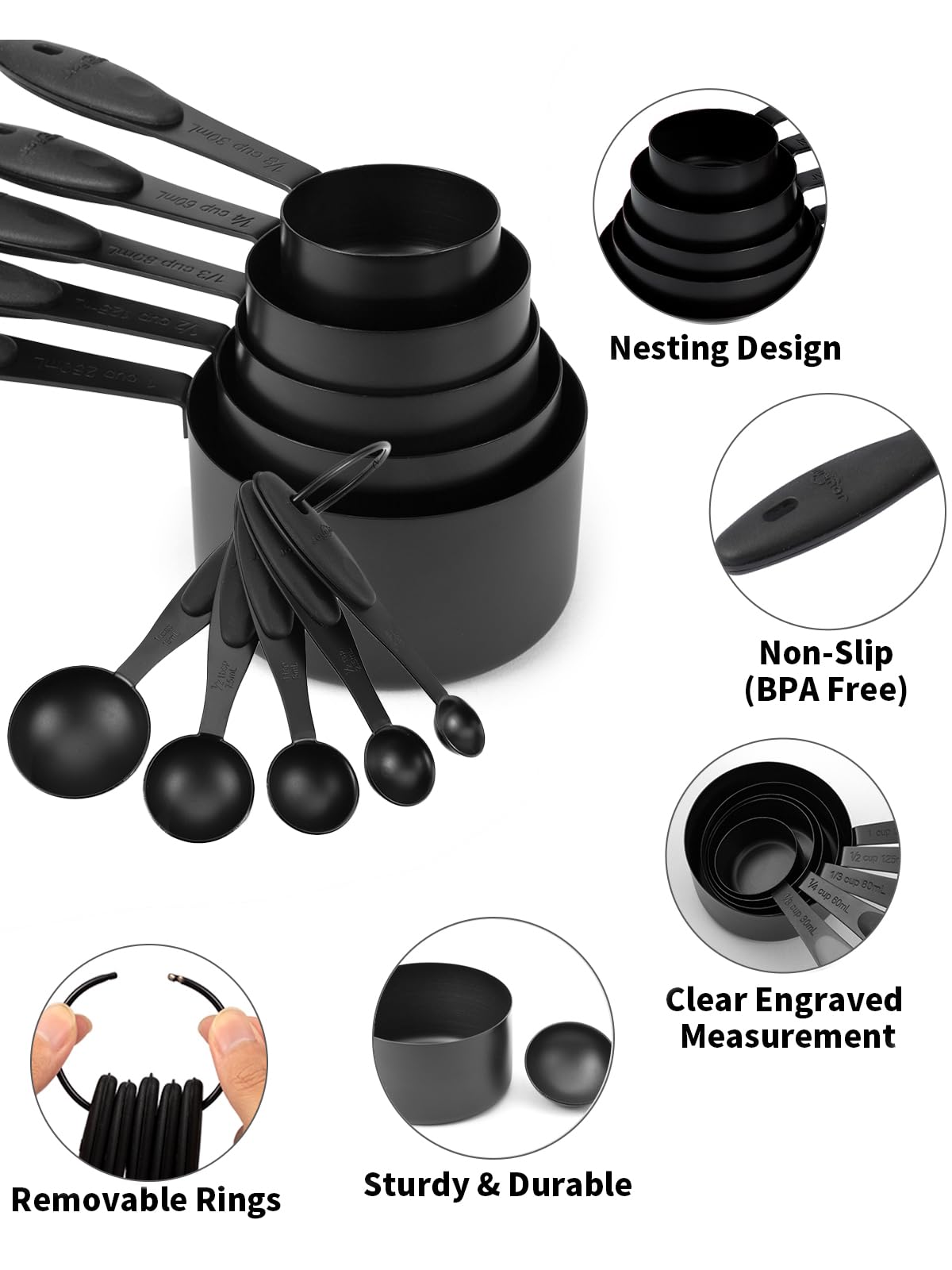 Joyhill Stainless Steel Measuring Cups and Spoons Set of 10 Piece, Nesting Metal Measuring Cups Set with Soft Touch Silicone Handles for Dry and Liquid Ingredients, Cooking & Baking (Black)