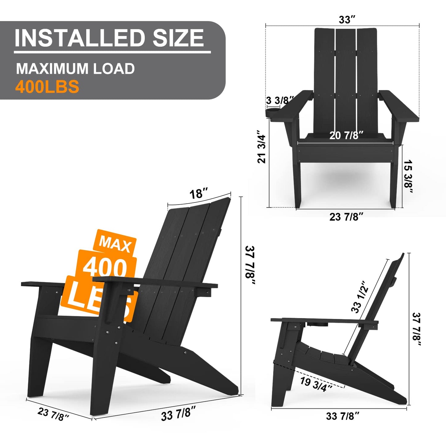 MXIMU Moderne Adirondack-Stühle, 4er-Set, wetterbeständig, mit Getränkehalter, übergroße Feuerstellenstühle aus Kunststoff, Kunststoff-Außenstühle für den Sitzbereich an der Feuerstelle (schwarz) 