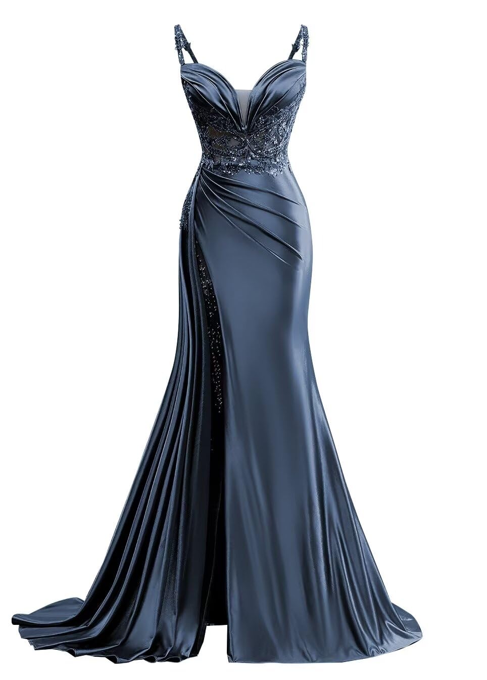 V Neck Satin Prom Dresses Long Mermaid Lace Evening Gown with Slit Pleated Bodycon Formal Dress with Tail