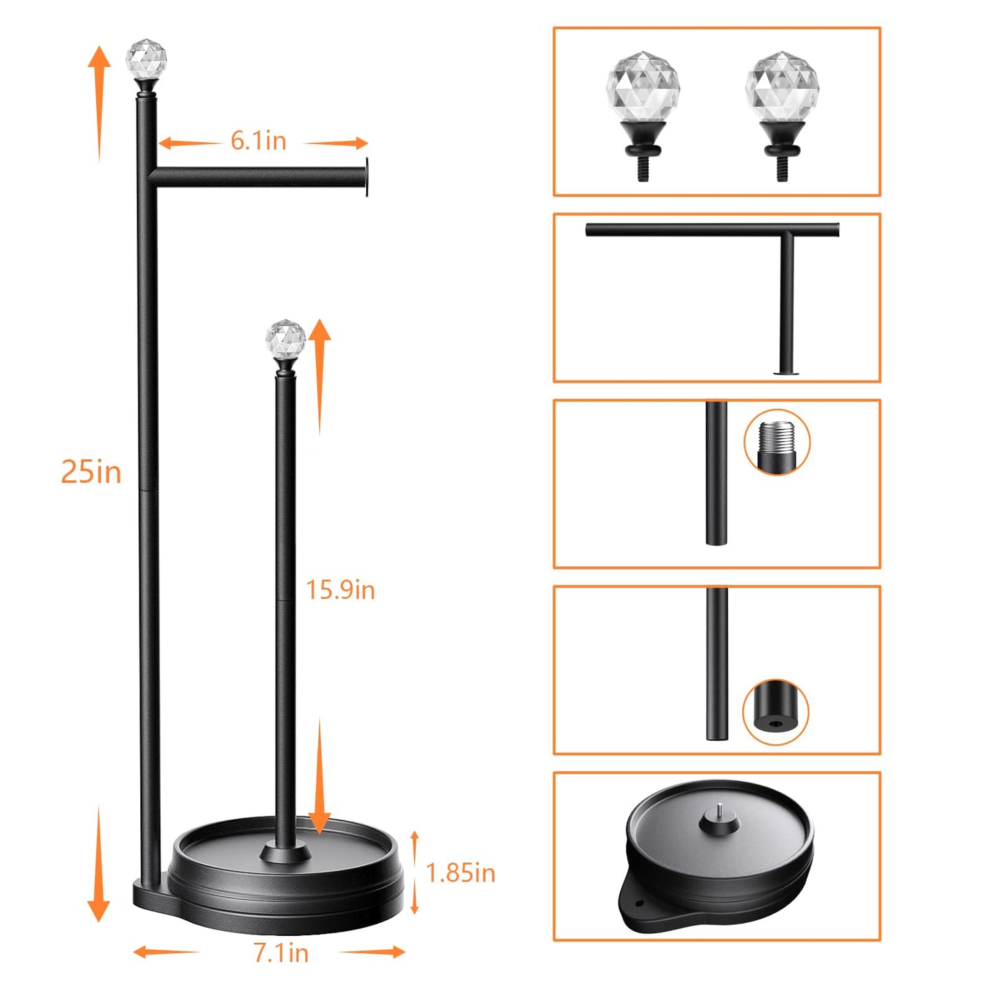 Weighted Freestanding Toilet Paper Holder – Metal Bathroom Stand with Crystal Accent