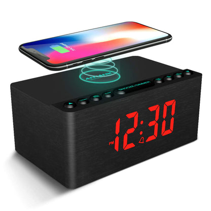 Digital Alarm Clock with FM Radio & Wireless Charging – Qi-Certified, LED Display, USB Port, Sleep Timer