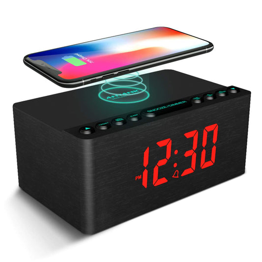 Digital Alarm Clock with FM Radio & Wireless Charging – Qi-Certified, LED Display, USB Port, Sleep Timer