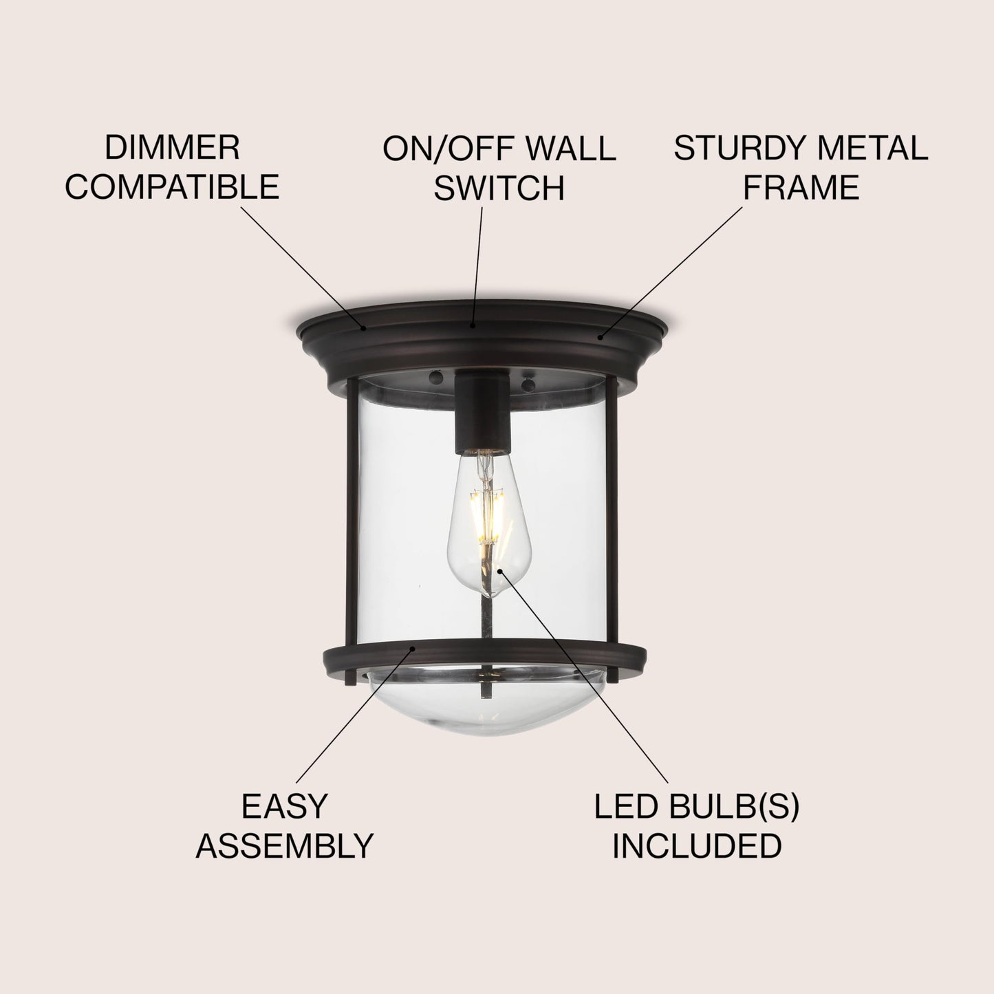 JONATHAN Y JYL7440B Savannah 10,25" LED-Deckenleuchte aus Metall/Glas, traditionell, Übergangsstil, dimmbar, 2700 K, gemütliches warmes Licht, Küche, Flur, Badezimmer, Treppenhaus, geölte Bronze 