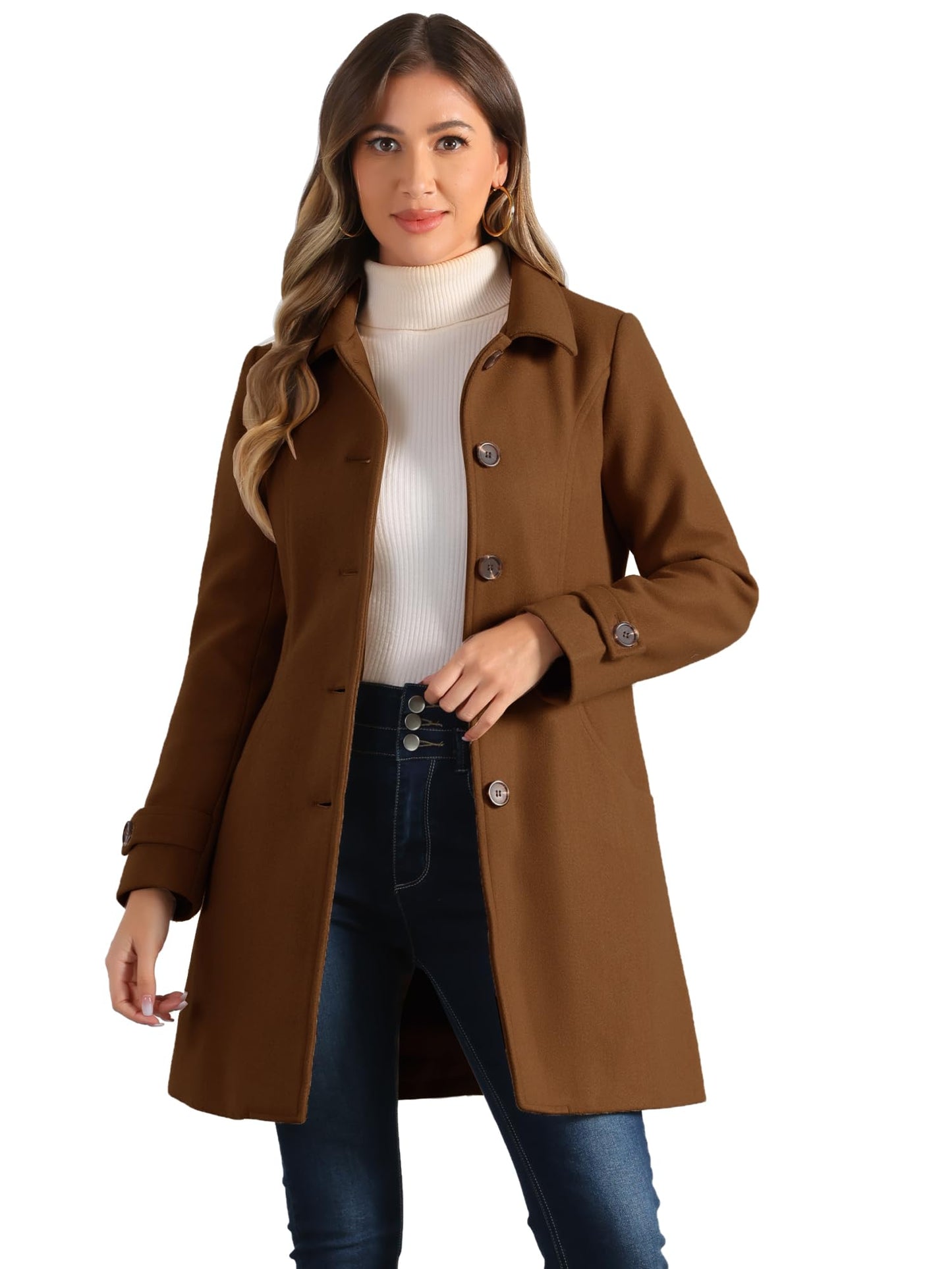 Allegra K Damen Winter Oberbekleidung Mantel Peter Pan Kragen Mitte Oberschenkel A-Linie Einreihig Pea Coat