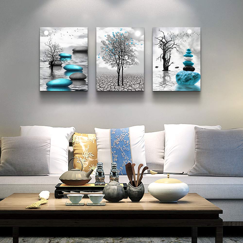 Art mural sur toile pour salon Décoration murale pour chambre Salle de bain Peintures en noir et blanc Impressions d'art sur toile encadrées modernes en 3 parties Prêtes à accrocher Images abstraites bleues inspirantes Décorations pour la maison 