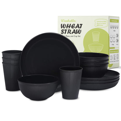 12pcs Wheat Straw Dinnerware Sets for 4, Kitchen Unbreakable Plates and Bowls