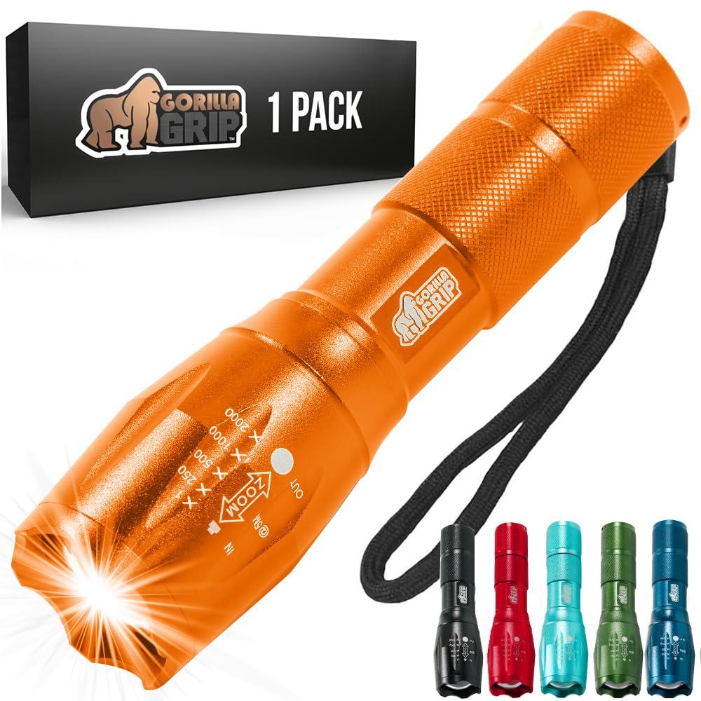 Gorilla Grip Powerful LED 750 FT Water Resistant 5 Adjustable Mode Tactical Flashlight, High Lumens Ultra Bright Battery Zoom Flashlights, Small Camping Car Mini Flash Light Accessories, 2 Pack Gold