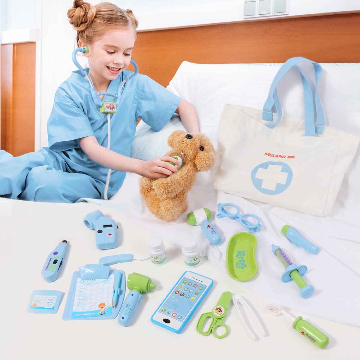 Meland Toy Doctor Kit for Girls - Pretend Play Doctor Set with Dog Toy, Carrying Bag, Stethoscope Toy & Dress Up Costume - Doctor Play Gift for Kids Toddlers Ages 3 4 5 6 Year Old for Role Play