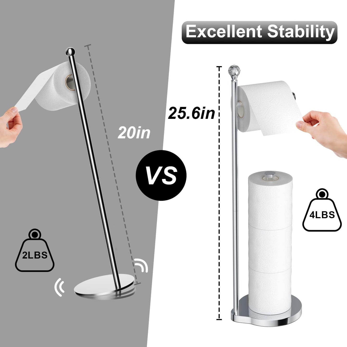 Weighted Freestanding Toilet Paper Holder – Metal Bathroom Stand with Crystal Accent