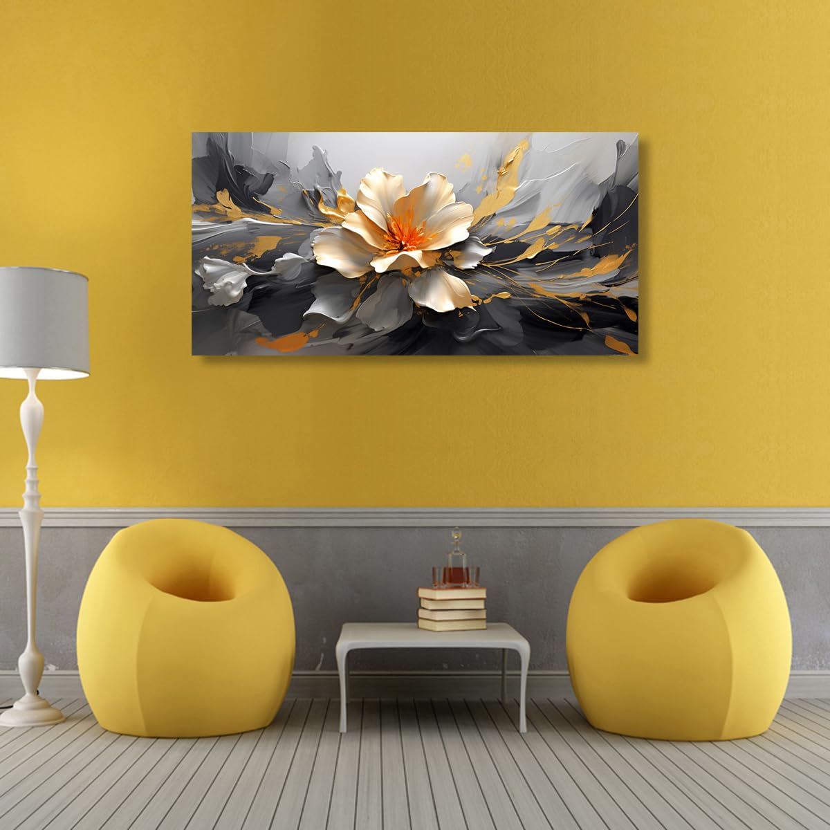 Peinture à l'huile abstraite moderne sur toile représentant un lotus doré, décoration murale pour salon, bureau, chambre à coucher, 50,8 x 101,6 cm 