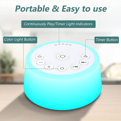 White Noise Machine – 25 Soothing Sounds, Color Night Light, Timers
