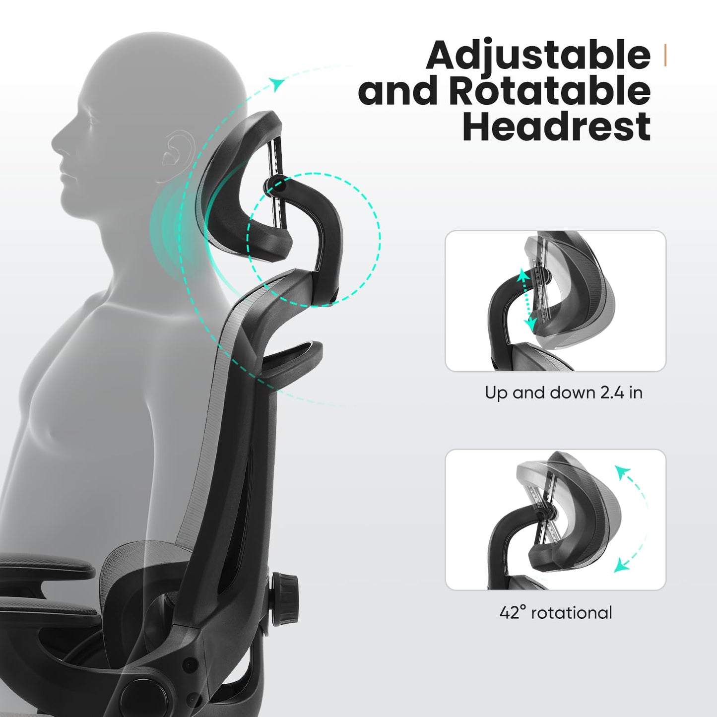 Ergonomischer Bürostuhl aus Netzgewebe, Schreibtischstuhl mit hoher Rückenlehne und 2D-Kopfstütze, Lendenwirbelstütze mit Auf- und Ab-Funktion, drehbarer Computer-Arbeitsstuhl mit verstellbaren, hochklappbaren Armlehnen, Schwarz 