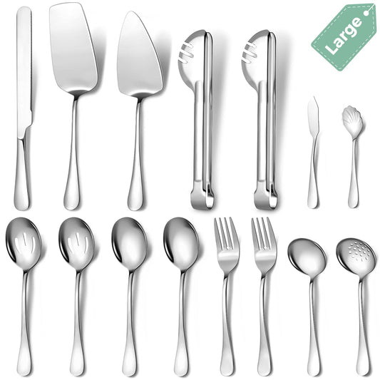 Large Stainless Steel Serving Utensils Set 15 Pcs with 10" Serving Spoon,10" Slotted Spoons,10" Serving Forks,9.5" Serving Tongs,Soup Ladle,Pie Server,Cake/Butter Knife for Buffet/Parties