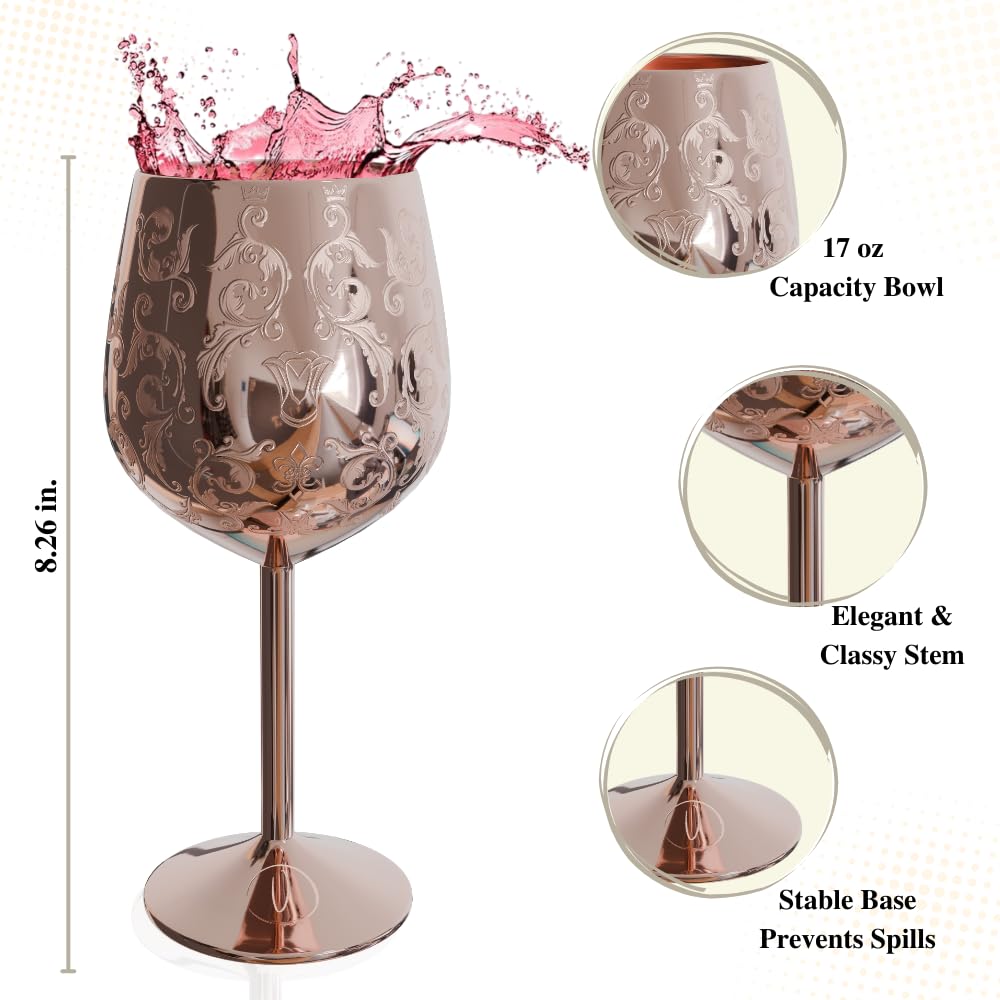 17oz Stainless Steel Wine Glasses [Set of 2]–Rose Gold Royal Goblets with Intricate Baroque Engravings, Unbreakable and Shatterproof Wine Cups with Bottle Stopper for Travel