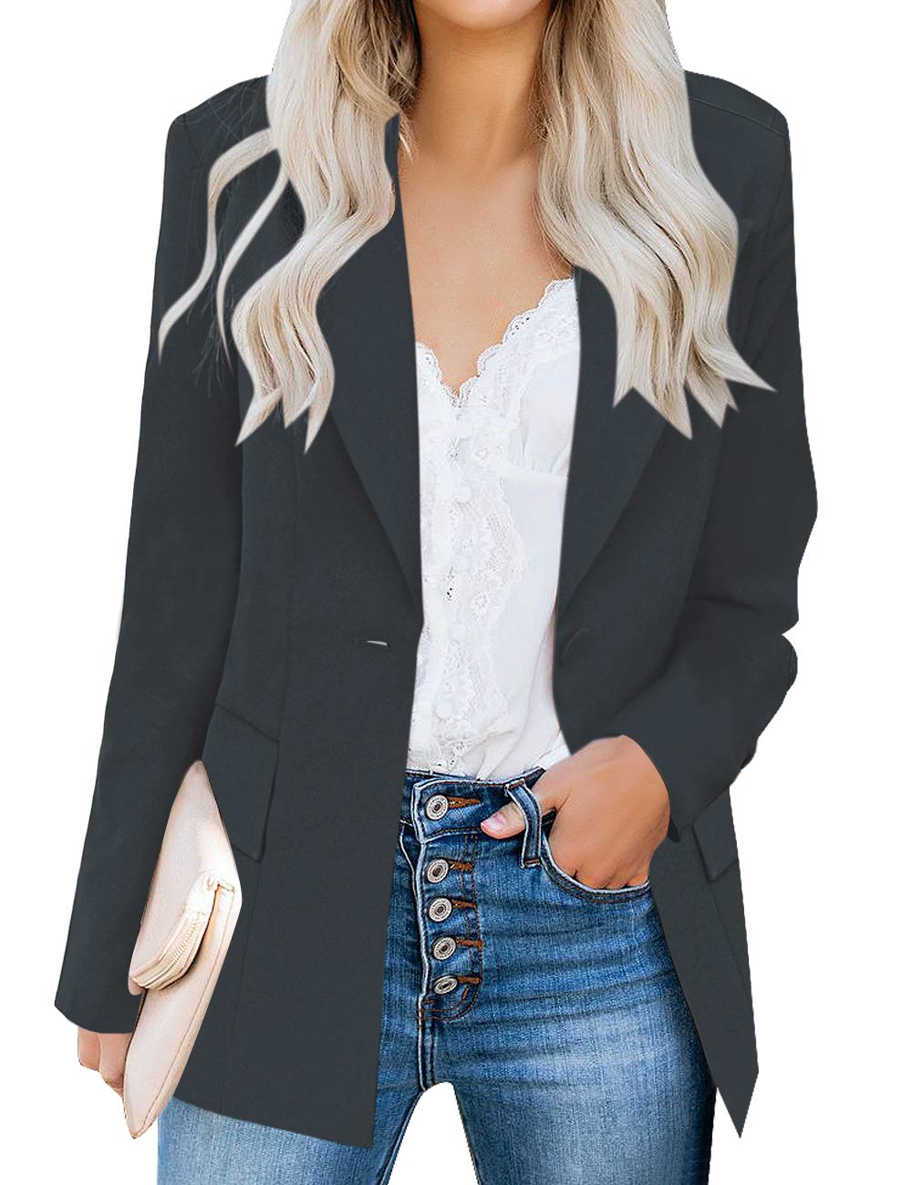 Veste de costume blazer de travail décontractée à poches ouvertes sur le devant pour femme GRAPENT 