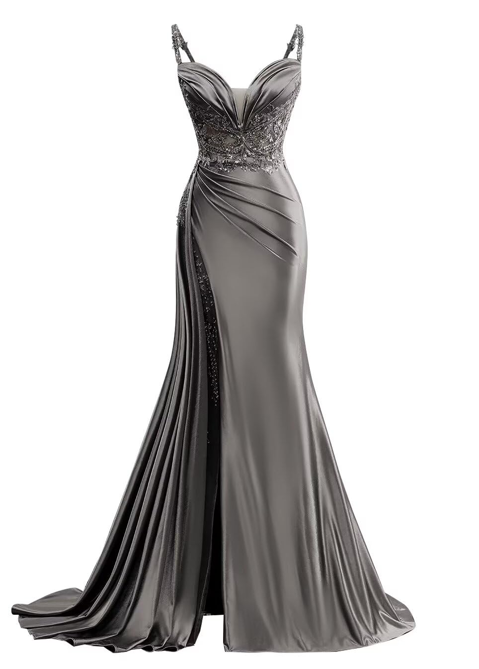 Robe de soirée longue en satin à col en V et en dentelle style sirène avec fente et plissée, robe de soirée moulante formelle avec queue