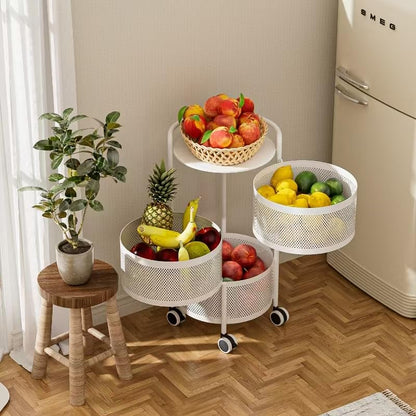 No Assembly Required Vegetable Storage Rack, 4-Tier Rotating Fruit Basket with Wheels, Heavy Duty Carbon Steel Kitchen Storage Cart