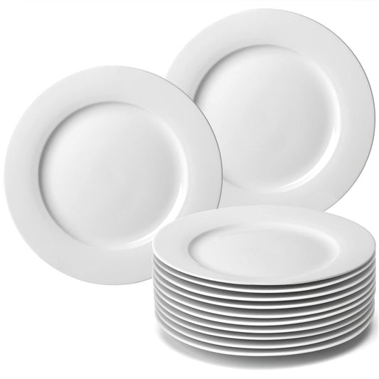 amhomel 12-Piece White Porcelain Dinner Plates, Round Dessert or Salad Plate, Serving Dishes, Dinnerware Sets, Scratch Resistant, Lead-Free, Microwave, Oven and Dishwasher Safe (10.5-inch)