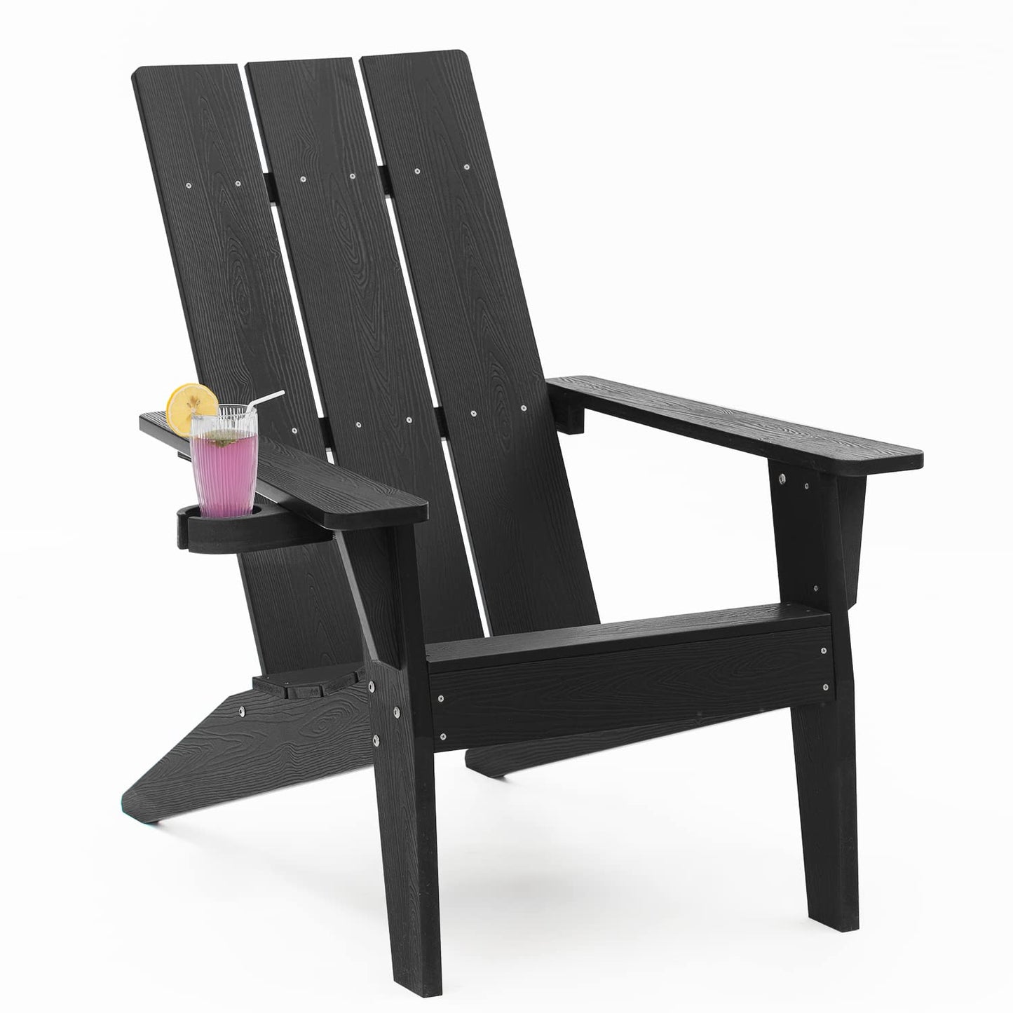 Lot de 4 chaises Adirondack modernes MXIMU résistantes aux intempéries avec porte-gobelet Chaises de foyer en plastique surdimensionnées Chaises d'extérieur en plastique pour sièges de zone de foyer (noir) 