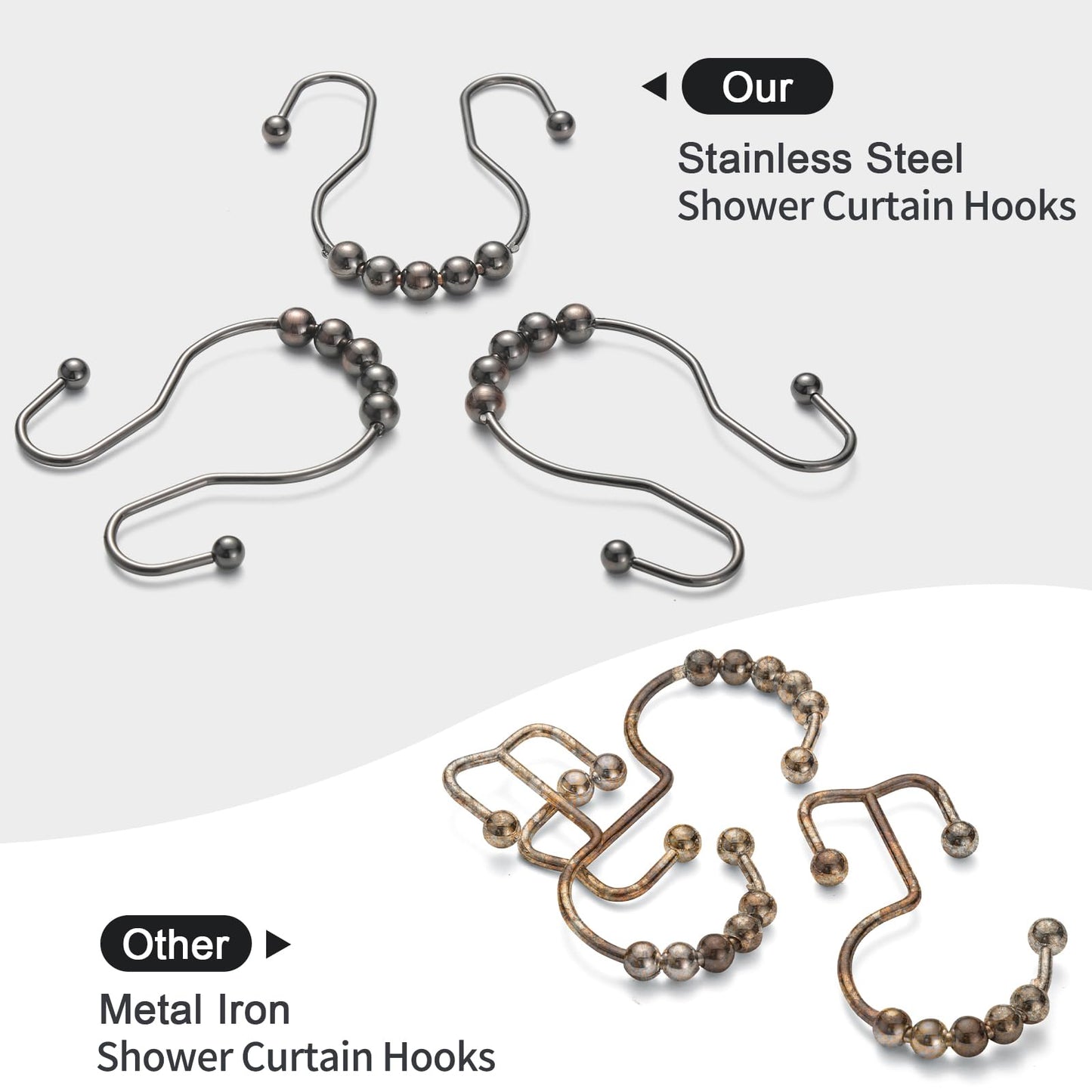 Goowin Shower Curtain Hooks, 12 Pcs Shower Curtain Rings, Stainless Steel Bronze Shower Curtain Hooks Rings Rust Proof, Balance Sliding Anti-Drop Double Shower Hooks for Shower Curtain Rod (Bronze)