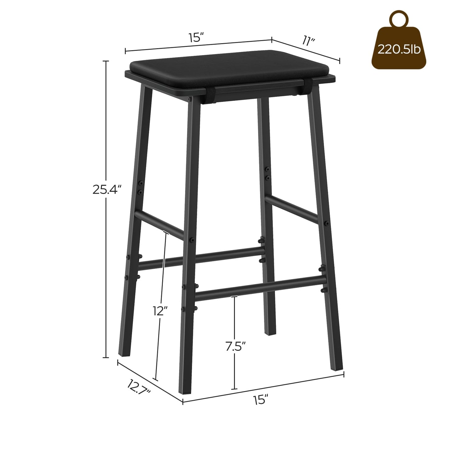 Tabourets de bar, lot de 2 chaises de bar, tabourets de hauteur de comptoir, tabourets de bar rembourrés pour petit-déjeuner, pour salle à manger, îlot de cuisine, taverne, noir BY02L2BK 