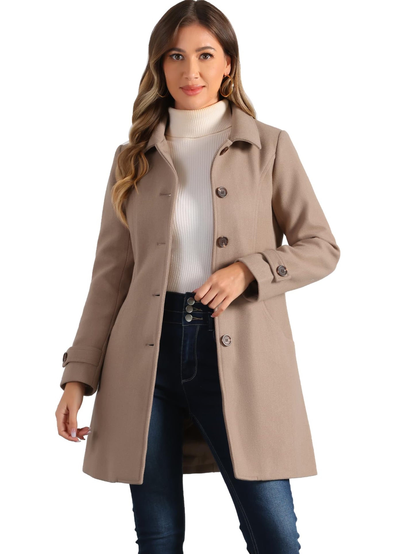 Allegra K Damen Winter Oberbekleidung Mantel Peter Pan Kragen Mitte Oberschenkel A-Linie Einreihig Pea Coat