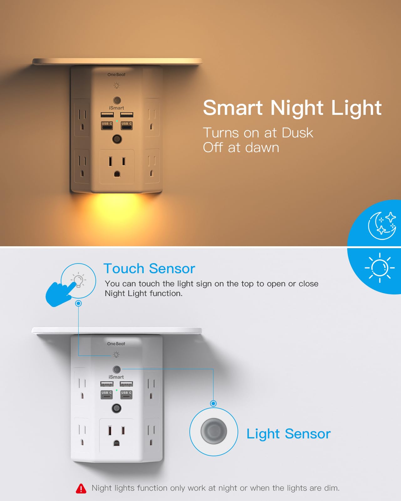 Multi Plug Outlets, Wall Outlet Extender with Night Light and Outlet Shelf, Surge Protector 4 USB Ports(2 USB C), USB Wall Charger Power Strip Electric Outlet Splitter for Home Office