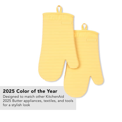 KITCHENAID Ribbed Soft Silicone Oven Mitt 2-Pack Set, Matte Black, 7.5"x13"