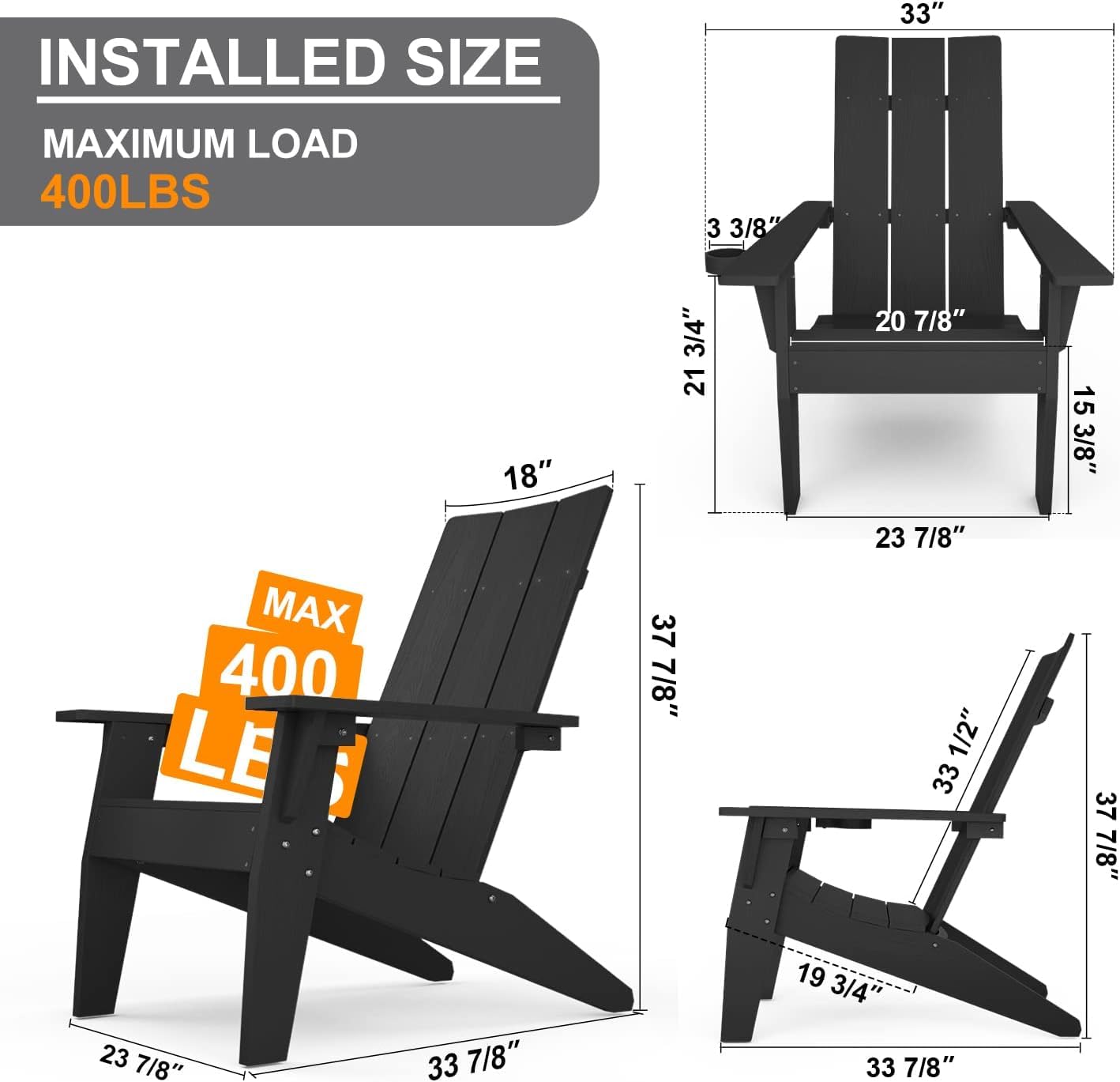 MXIMU Moderne Adirondack-Stühle, 4er-Set, wetterbeständig, mit Getränkehalter, übergroße Feuerstellenstühle aus Kunststoff, Kunststoff-Außenstühle für den Sitzbereich an der Feuerstelle (schwarz) 