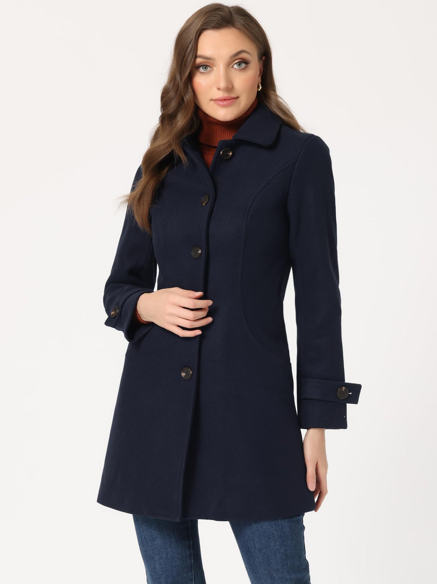 Allegra K Damen Winter Oberbekleidung Mantel Peter Pan Kragen Mitte Oberschenkel A-Linie Einreihig Pea Coat